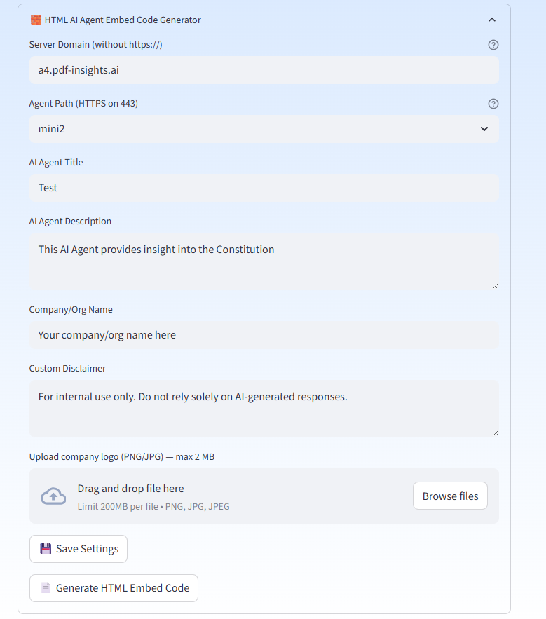 HTML agent embed generator screenshot
