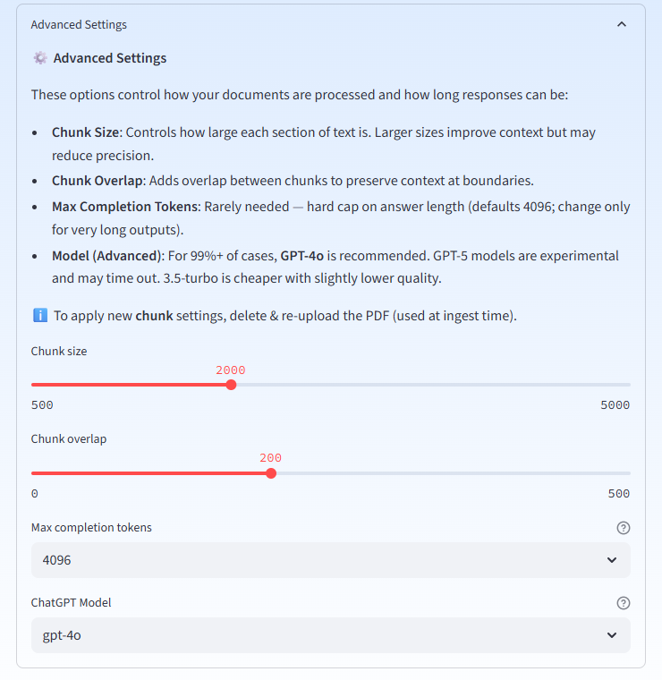 Advanced settings panel showing chunk size and overlap
