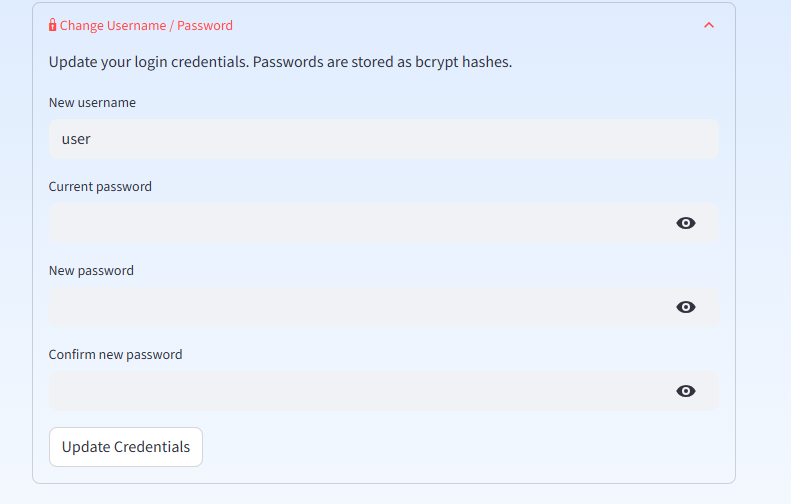 Change username and password form